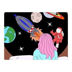 Girl Bed Space Planets Spaceship Rocket Astronaut Galaxy Universe Cosmos Woman Dream Imagination Bed Two Sides Premium Plush Fleece Blanket (mini) by Maspions