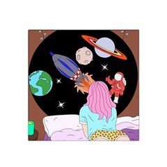 Girl Bed Space Planets Spaceship Rocket Astronaut Galaxy Universe Cosmos Woman Dream Imagination Bed Satin Bandana Scarf 22  X 22  by Maspions