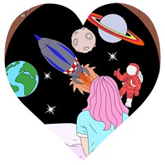 Girl Bed Space Planets Spaceship Rocket Astronaut Galaxy Universe Cosmos Woman Dream Imagination Bed Wooden Puzzle Heart by Maspions