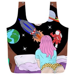 Girl Bed Space Planets Spaceship Rocket Astronaut Galaxy Universe Cosmos Woman Dream Imagination Bed Full Print Recycle Bag (xxxl) by Maspions