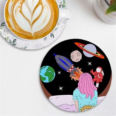 Girl Bed Space Planets Spaceship Rocket Astronaut Galaxy Universe Cosmos Woman Dream Imagination Bed Uv Print Round Tile Coaster