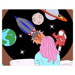 Girl Bed Space Planets Spaceship Rocket Astronaut Galaxy Universe Cosmos Woman Dream Imagination Bed Premium Plush Fleece Blanket (medium) by Maspions