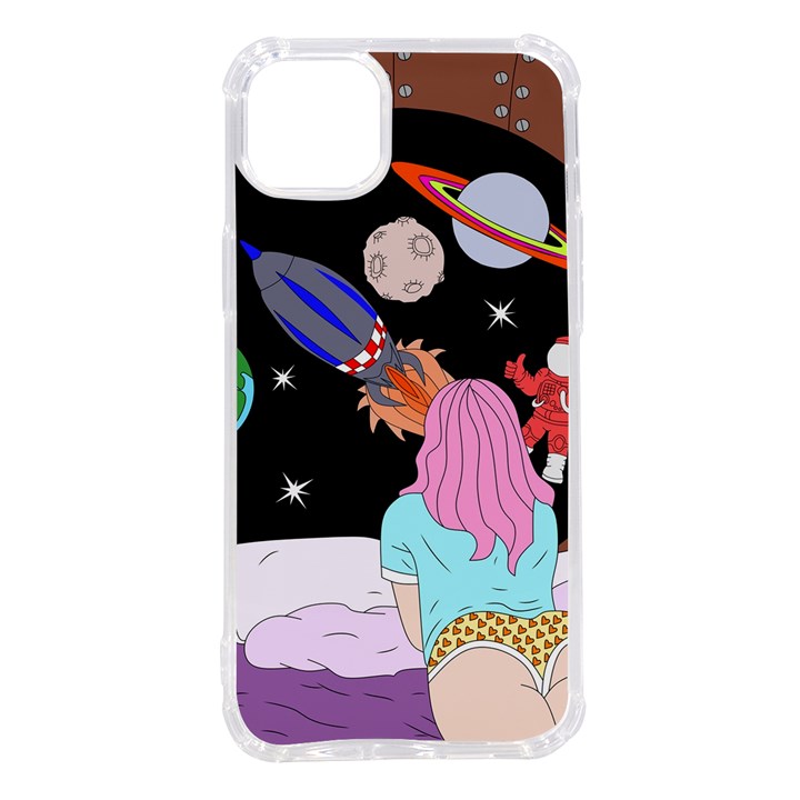 Girl Bed Space Planets Spaceship Rocket Astronaut Galaxy Universe Cosmos Woman Dream Imagination Bed iPhone 14 Plus TPU UV Print Case