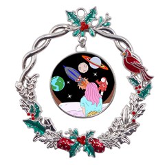 Girl Bed Space Planets Spaceship Rocket Astronaut Galaxy Universe Cosmos Woman Dream Imagination Bed Metal X mas Wreath Holly Leaf Ornament