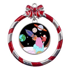 Girl Bed Space Planets Spaceship Rocket Astronaut Galaxy Universe Cosmos Woman Dream Imagination Bed Metal Red Ribbon Round Ornament by Maspions