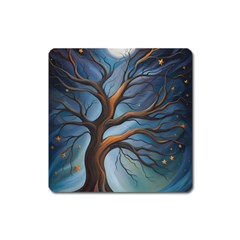 Tree Branches Mystical Moon Expressionist Oil Painting Acrylic Painting Abstract Nature Moonlight Ni Square Magnet by Maspions