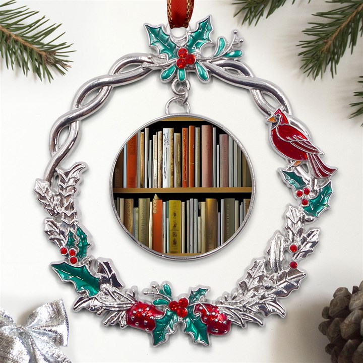 Book Nook Books Bookshelves Comfortable Cozy Literature Library Study Reading Reader Reading Nook Ro Metal X mas Wreath Holly leaf Ornament