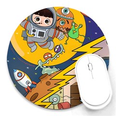 Astronaut Moon Monsters Spaceship Universe Space Cosmos Round Mousepad