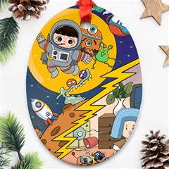 Astronaut Moon Monsters Spaceship Universe Space Cosmos Ornament (oval)