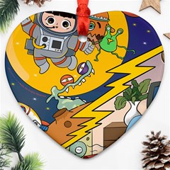 Astronaut Moon Monsters Spaceship Universe Space Cosmos Ornament (heart) by Maspions