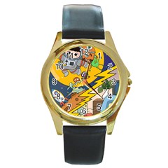 Astronaut Moon Monsters Spaceship Universe Space Cosmos Round Gold Metal Watch by Maspions