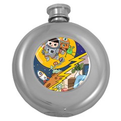 Astronaut Moon Monsters Spaceship Universe Space Cosmos Round Hip Flask (5 Oz)