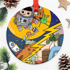 Astronaut Moon Monsters Spaceship Universe Space Cosmos Round Ornament (two Sides)