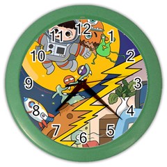 Astronaut Moon Monsters Spaceship Universe Space Cosmos Color Wall Clock by Maspions