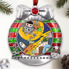 Astronaut Moon Monsters Spaceship Universe Space Cosmos Metal X mas Ribbon With Red Crystal Round Ornament