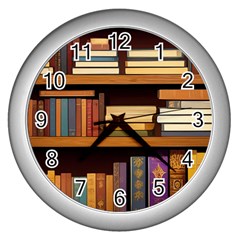 Book Nook Books Bookshelves Comfortable Cozy Literature Library Study Reading Room Fiction Entertain Wall Clock (silver) by Maspions