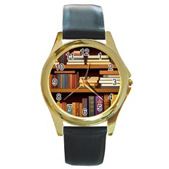 Book Nook Books Bookshelves Comfortable Cozy Literature Library Study Reading Room Fiction Entertain Round Gold Metal Watch by Maspions