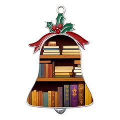 Book Nook Books Bookshelves Comfortable Cozy Literature Library Study Reading Room Fiction Entertain Metal Holly Leaf Bell Ornament by Maspions