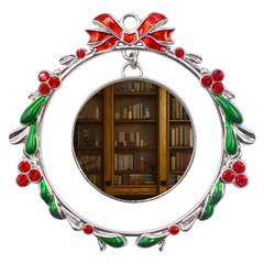 Books Book Shelf Shelves Knowledge Book Cover Gothic Old Ornate Library Metal X mas Wreath Ribbon Ornament