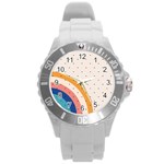 Abstract Geometric Bauhaus Polka Dots Retro Memphis Rainbow Round Plastic Sport Watch (L) Front