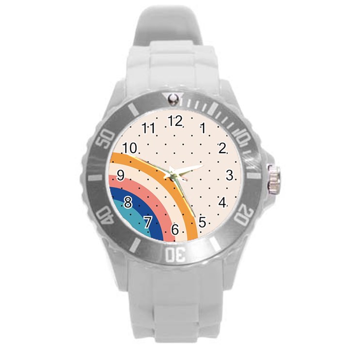 Abstract Geometric Bauhaus Polka Dots Retro Memphis Rainbow Round Plastic Sport Watch (L)