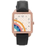 Abstract Geometric Bauhaus Polka Dots Retro Memphis Rainbow Rose Gold Leather Watch  Front