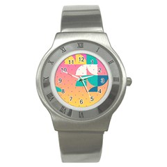 Abstract Geometric Bauhaus Polka Dots Retro Memphis Art Stainless Steel Watch