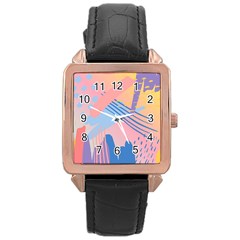 Abstract Lines Dots Pattern Purple Pink Blue Rose Gold Leather Watch 