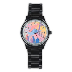 Abstract Lines Dots Pattern Purple Pink Blue Stainless Steel Round Watch