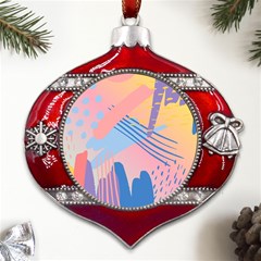 Abstract Lines Dots Pattern Purple Pink Blue Metal Snowflake And Bell Red Ornament