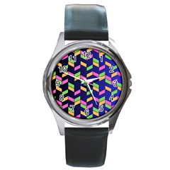 Background Pattern Geometric Pink Yellow Green Round Metal Watch by Maspions