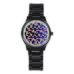 Background Pattern Geometric Pink Yellow Green Stainless Steel Round Watch by Maspions