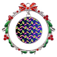 Background Pattern Geometric Pink Yellow Green Metal X mas Wreath Ribbon Ornament by Maspions