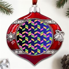 Background Pattern Geometric Pink Yellow Green Metal Snowflake And Bell Red Ornament