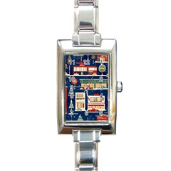 Cars Snow City Landscape Vintage Old Time Retro Pattern Rectangle Italian Charm Watch by Maspions