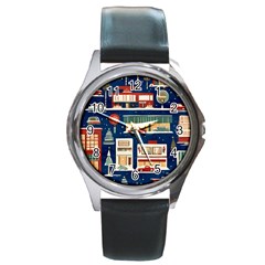 Cars Snow City Landscape Vintage Old Time Retro Pattern Round Metal Watch by Maspions