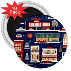 Cars Snow City Landscape Vintage Old Time Retro Pattern 3  Magnets (10 Pack)  by Maspions