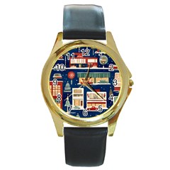 Cars Snow City Landscape Vintage Old Time Retro Pattern Round Gold Metal Watch by Maspions