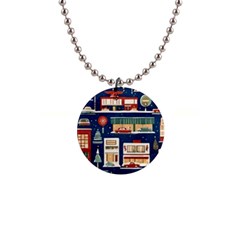 Cars Snow City Landscape Vintage Old Time Retro Pattern 1  Button Necklace by Maspions