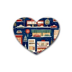 Cars Snow City Landscape Vintage Old Time Retro Pattern Rubber Heart Coaster (4 Pack) by Maspions