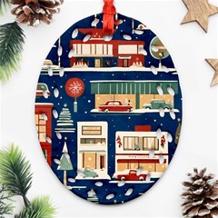 Cars Snow City Landscape Vintage Old Time Retro Pattern Ornament (oval Filigree) by Maspions