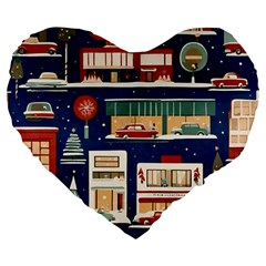 Cars Snow City Landscape Vintage Old Time Retro Pattern Large 19  Premium Heart Shape Cushions by Maspions