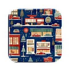 Cars Snow City Landscape Vintage Old Time Retro Pattern Square Metal Box (black) by Maspions