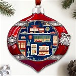 Cars Snow City Landscape Vintage Old Time Retro Pattern Metal Snowflake And Bell Red Ornament Front