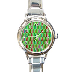 Trees Pattern Retro Pink Red Yellow Holidays Advent Christmas Round Italian Charm Watch by Maspions