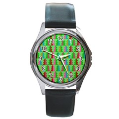 Trees Pattern Retro Pink Red Yellow Holidays Advent Christmas Round Metal Watch by Maspions