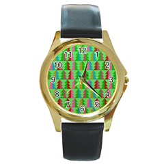 Trees Pattern Retro Pink Red Yellow Holidays Advent Christmas Round Gold Metal Watch by Maspions