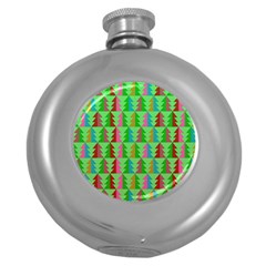 Trees Pattern Retro Pink Red Yellow Holidays Advent Christmas Round Hip Flask (5 Oz) by Maspions