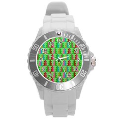 Trees Pattern Retro Pink Red Yellow Holidays Advent Christmas Round Plastic Sport Watch (l) by Maspions