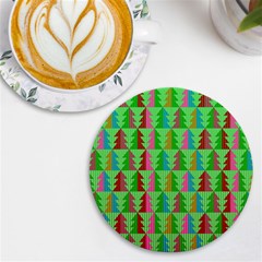 Trees Pattern Retro Pink Red Yellow Holidays Advent Christmas Uv Print Round Tile Coaster by Maspions